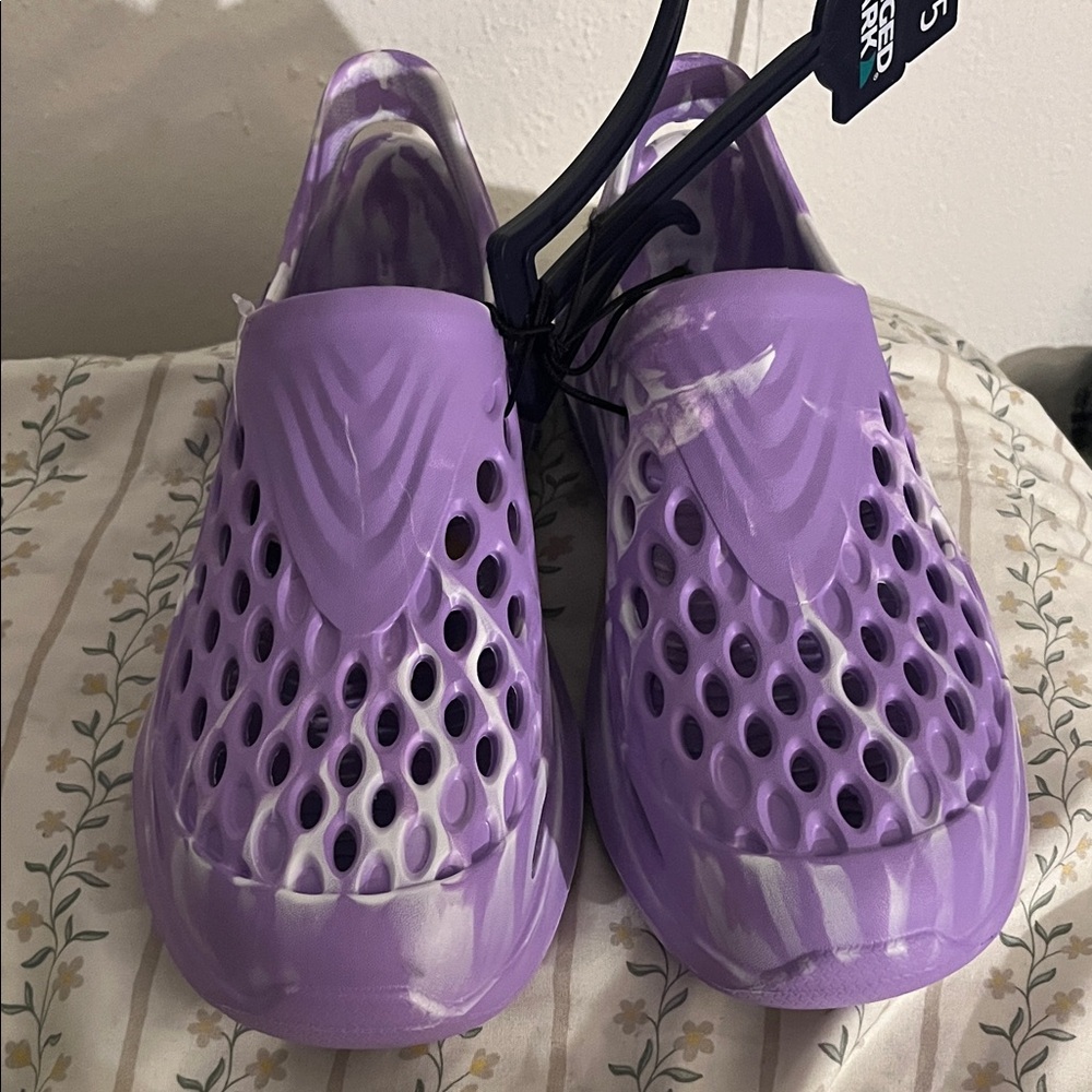 Purple and White Slip-On Clogs